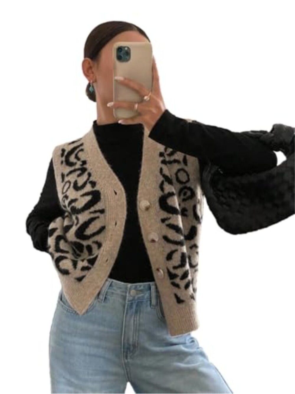 Leopard Print Sleeveless Knit Sweater Vest Button Down Y2K Casual